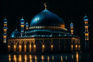 a mesquita às noite com azul luzes. gerado por IA foto