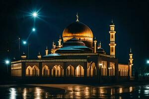 uma mesquita aceso acima às noite com uma lua. gerado por IA foto