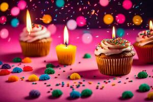 aniversário velas e bolos de copo em uma Rosa fundo. gerado por IA foto