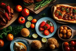 vários alimentos em uma mesa. gerado por IA foto