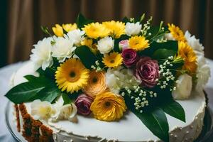 uma Casamento bolo com amarelo e branco flores gerado por IA foto