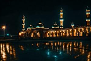 a mesquita às noite com Está luzes sobre. gerado por IA foto