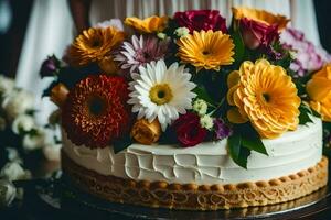 uma Casamento bolo com colorida flores em topo. gerado por IA foto