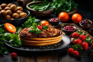 uma prato do Comida com legumes e fruta. gerado por IA foto