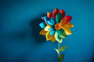 uma colorida flor fez a partir de papel em uma azul muro. gerado por IA foto