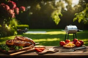 grelhado carne em uma de madeira mesa dentro a quintal. gerado por IA foto