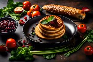panquecas com legumes e pão em uma Preto placa. gerado por IA foto