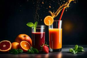 suco e fruta dentro óculos com uma respingo do suco. gerado por IA foto