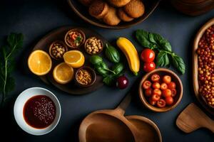 vários tipos do Comida em uma mesa. gerado por IA foto