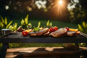 grelhado carne em uma grade com a Sol brilhando atrás isto. gerado por IA foto