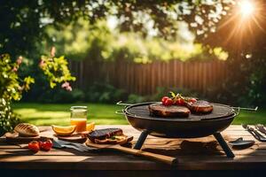 grade com carne e legumes em uma mesa dentro a jardim. gerado por IA foto