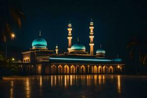 a mesquita às noite com azul cúpulas. gerado por IA foto