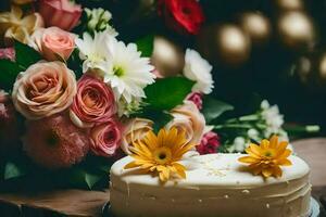 uma branco bolo com flores em uma de madeira mesa. gerado por IA foto