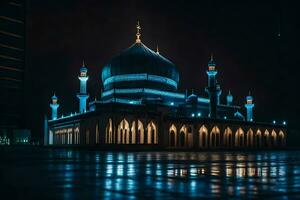 uma mesquita aceso acima às noite com azul luzes. gerado por IA foto