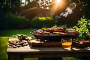 grade com legumes e carne em uma mesa dentro a jardim. gerado por IA foto