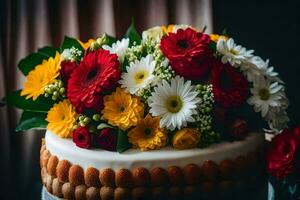 uma bolo com uma grupo do flores em topo. gerado por IA foto
