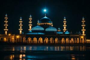 a mesquita às noite com a lua dentro a céu. gerado por IA foto