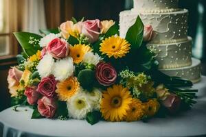 uma Casamento bolo e flores em uma mesa. gerado por IA foto