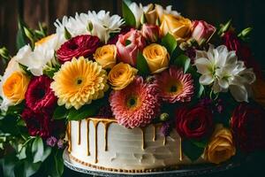 uma bolo com flores em topo e pinga em a lado. gerado por IA foto