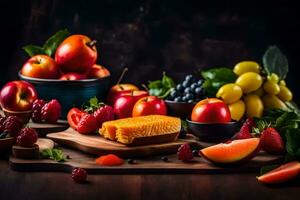 fruta e queijo em uma de madeira mesa. gerado por IA foto