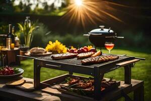 uma churrasco grade com Comida e vinho em isto. gerado por IA foto