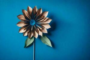 uma papel flor fez a partir de Castanho papel em uma azul fundo. gerado por IA foto