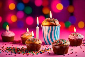 aniversário bolos de copo com velas em uma Rosa fundo. gerado por IA foto