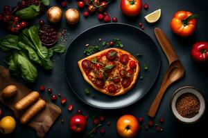 pizza com tomates, manjericão e de outros ingredientes em uma Preto fundo. gerado por IA foto