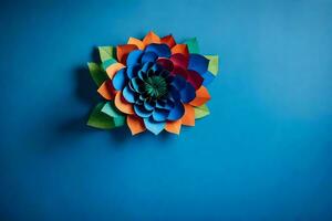 uma colorida papel flor em uma azul muro. gerado por IA foto