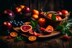 fresco frutas em uma de madeira mesa. gerado por IA foto
