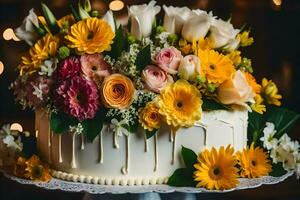 uma branco bolo com flores em isto. gerado por IA foto