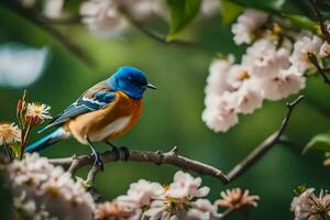 uma azul e laranja pássaro é sentado em uma ramo. gerado por IA foto