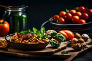 espaguete com carne e legumes em uma de madeira borda. gerado por IA foto