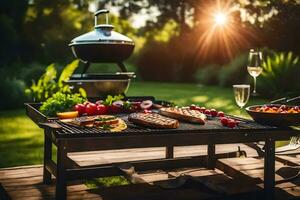 uma grade com Comida em isto dentro a jardim. gerado por IA foto