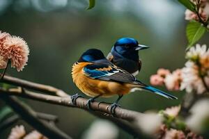 dois pássaros sentado em uma ramo com flores gerado por IA foto