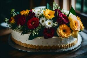 uma bolo com flores em topo do isto. gerado por IA foto