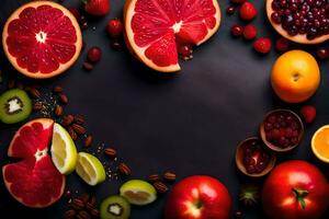 fresco frutas e legumes arranjado dentro uma círculo em uma Preto fundo. gerado por IA foto