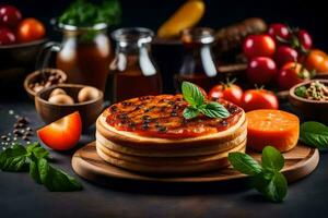 pizza com tomate molho e queijo em uma de madeira borda. gerado por IA foto