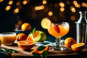 uma coquetel com laranja fatias e fruta em uma de madeira mesa. gerado por IA foto