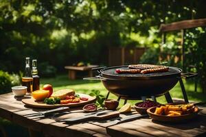 uma churrasco com Comida em uma mesa dentro a quintal. gerado por IA foto