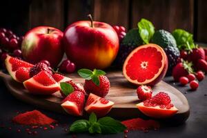 vermelho frutas em uma corte borda. gerado por IA foto