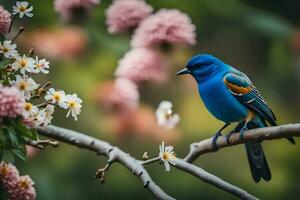 uma azul pássaro senta em uma ramo com flores gerado por IA foto