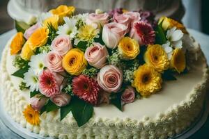 uma branco bolo com uma ampla montante do flores gerado por IA foto