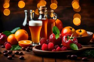 uma tigela do fruta e Cerveja em uma de madeira mesa. gerado por IA foto