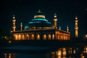 a mesquita às noite com a luzes sobre. gerado por IA foto