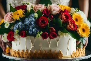 uma Casamento bolo com flores e uma noiva e noivo. gerado por IA foto