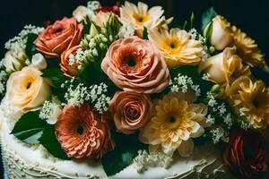 uma Casamento bolo com flores em isto. gerado por IA foto