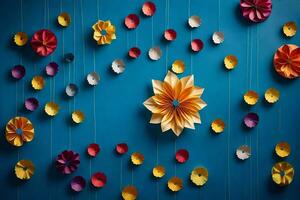 colorida papel flores suspensão a partir de cordas em uma azul muro. gerado por IA foto