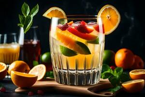 uma vidro do fruta coquetel com laranjas, limões e hortelã. gerado por IA foto