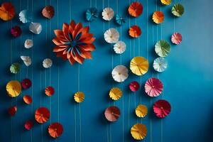 colorida papel flores suspensão a partir de cordas em uma azul muro. gerado por IA foto